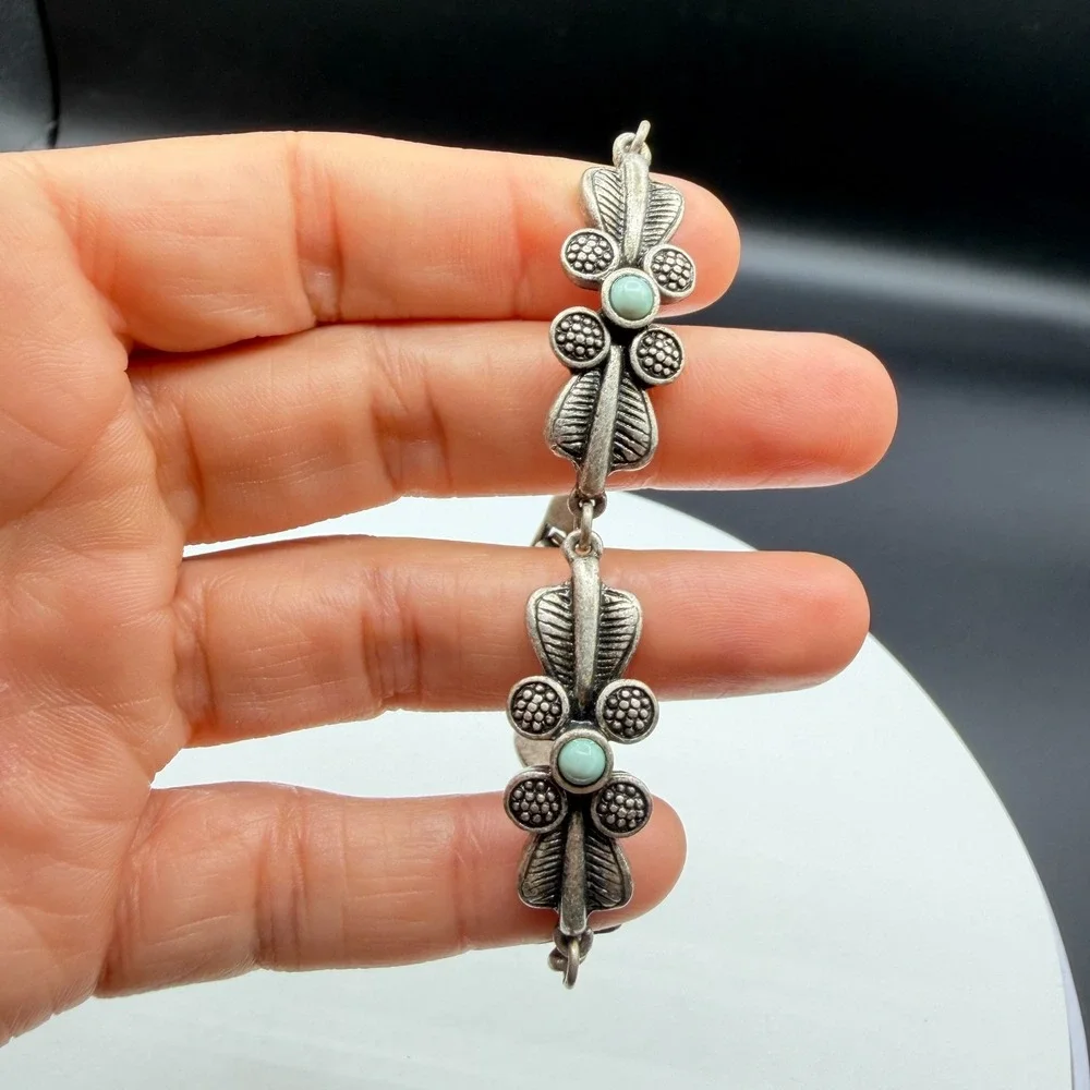 Silver Tone Floral Link Bracelet Aqua Cabochon Boho Cottagecore Statement Gift